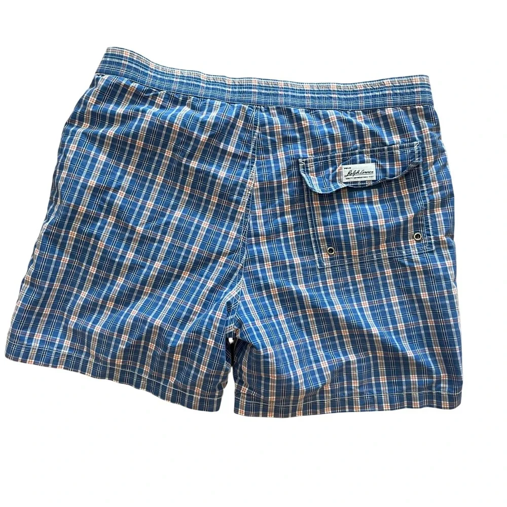 Polo Ralph Lauren Mens Blue Orange Plaid Swim Trunks‎ L Lined 6 Inch Inseam